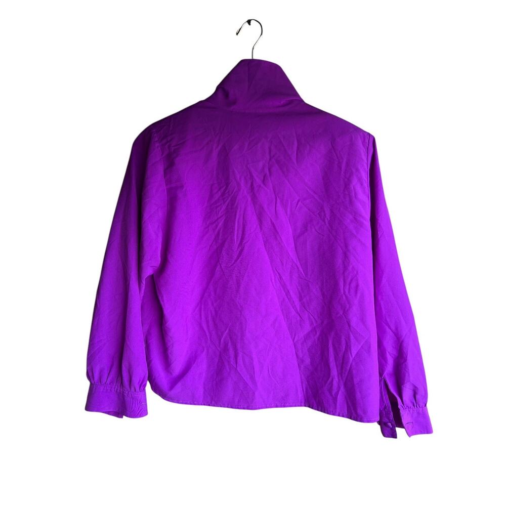 Vintage 80s Purple Ascot Tie Button Long Sleeve Secretary Blouse Pleated Top L - Picture 5 of 6